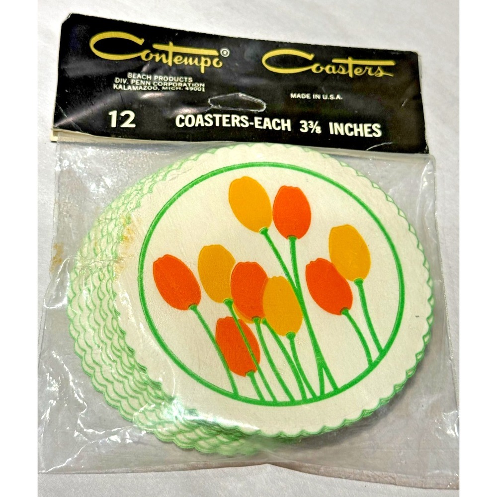 RARE VTG Contempo Tulip Paper Drink Coasters Set 12 NOS Sealed USA Floral Retro